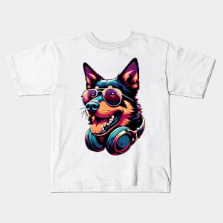 Working Kelpie Smiling DJ in Vibrant Japanese Art Style Kids T-Shirt